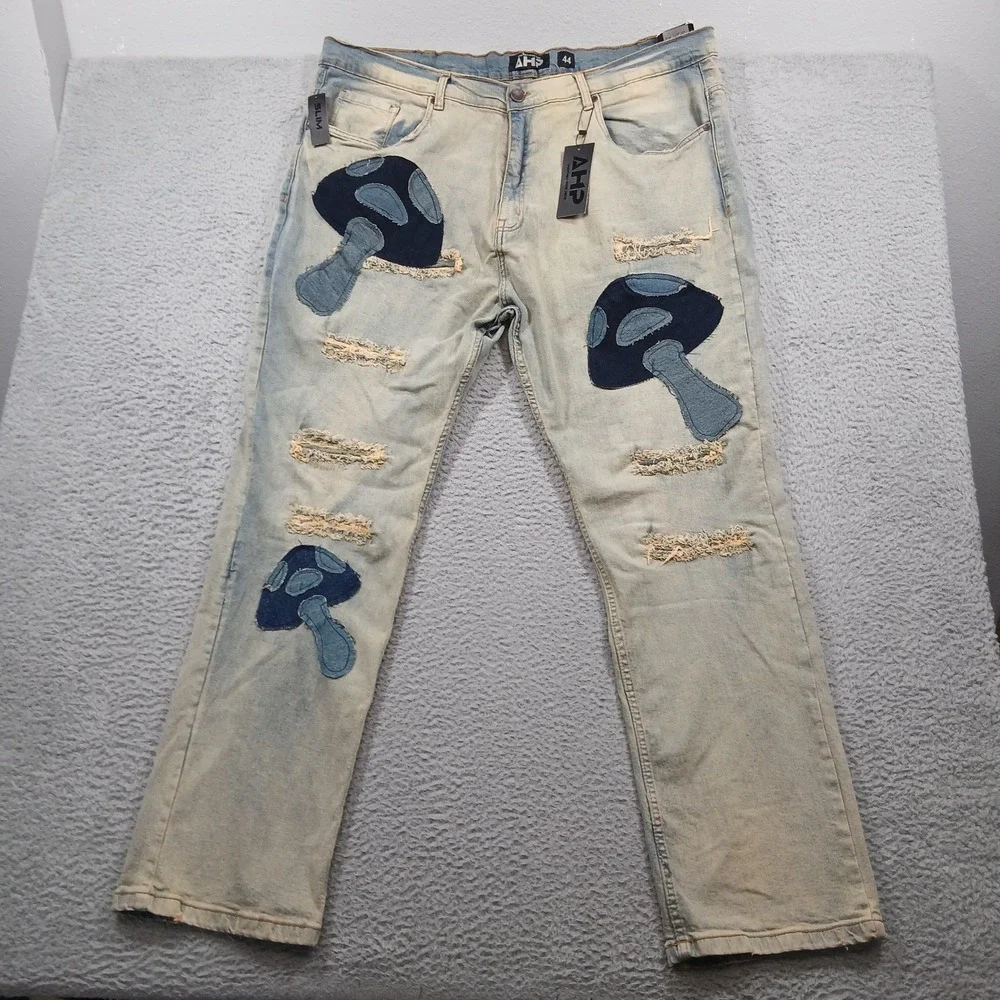 Another Hype Piece AHP Mushroom Patch Distressed Slim Jeans Men's 44x33 EUC‎